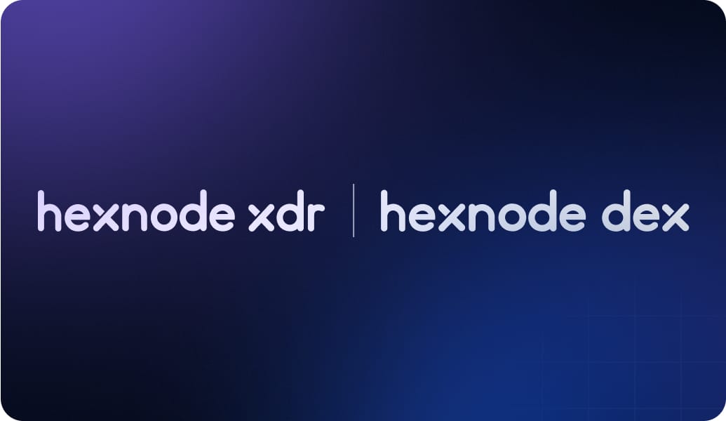 Hexnode XDR (Extended Detection and Response) and DEX (Digital Employee Experience) product logos, announcing new security solutions.