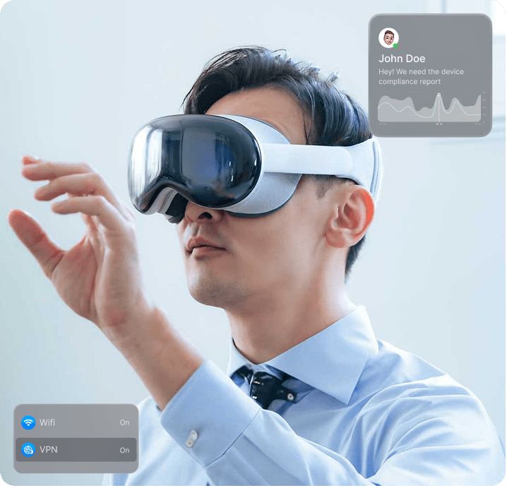 A man in a business shirt wears a Vision Pro, interacting with an overlaid interface that shows a compliance report notification and the status of Wifi and VPN connections.