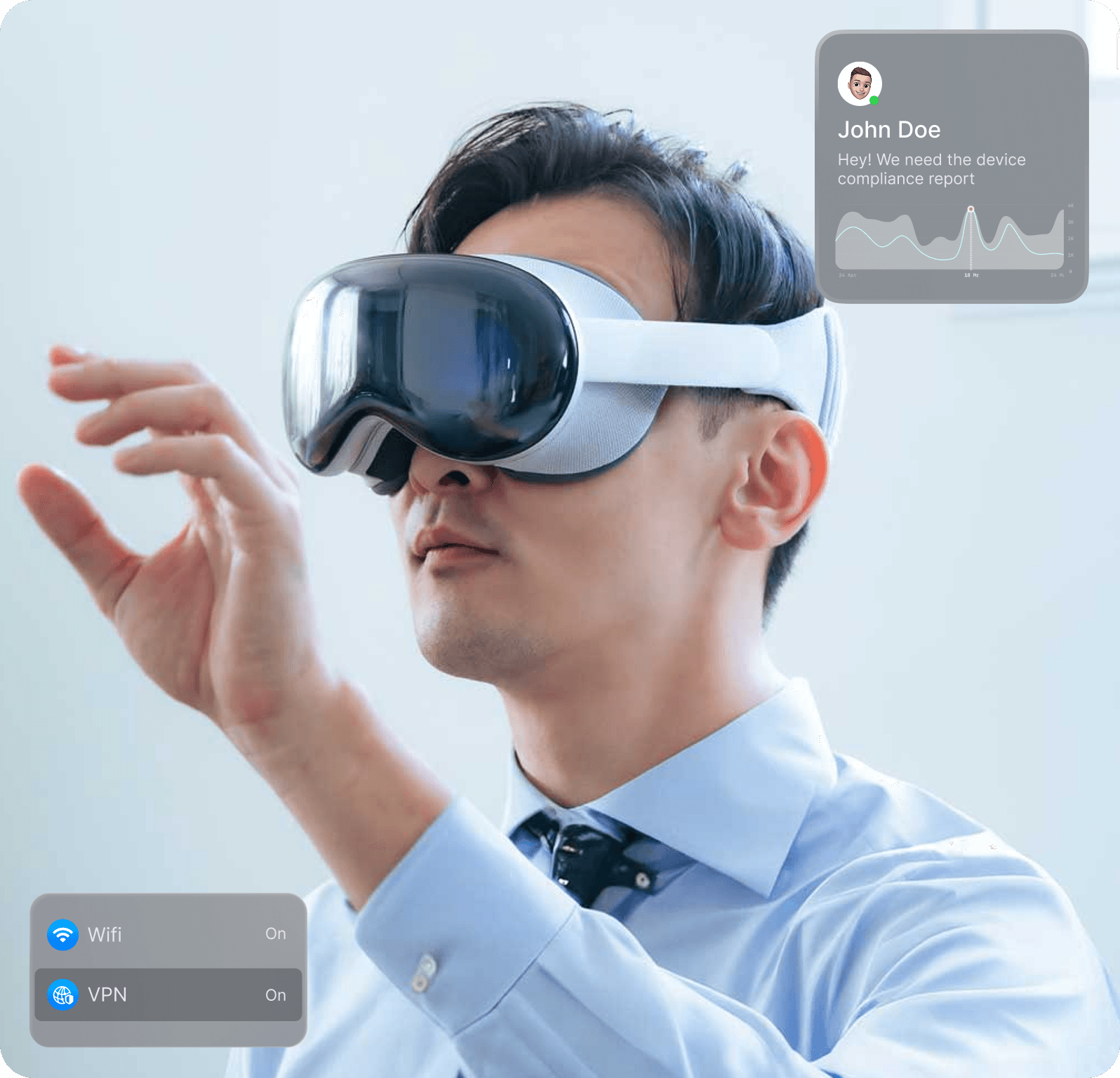 A man in a business shirt wears a Vision Pro, interacting with an overlaid interface that shows a compliance report notification and the status of Wifi and VPN connections.