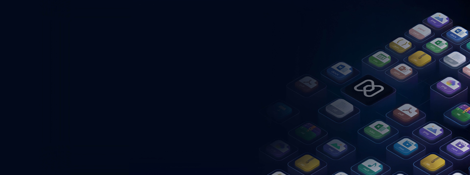 A grid of digital file icons surrounding a central secure workspace symbol, representing centralized mobile content management.