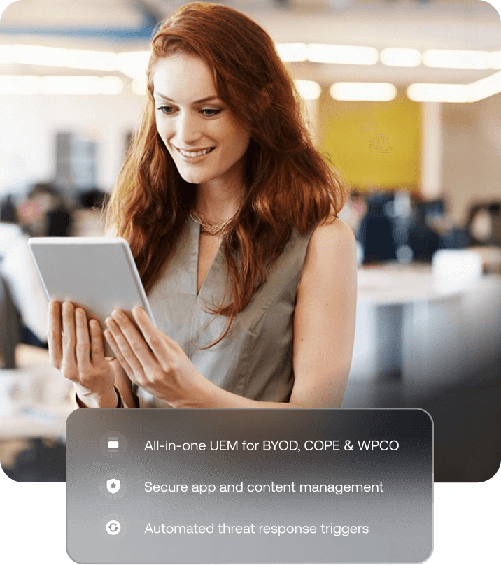 Professional woman smiling while using a tablet, overlaid with a list of features including BYOD, COPE, and WPCO of the Android device management solution by Hexnode.