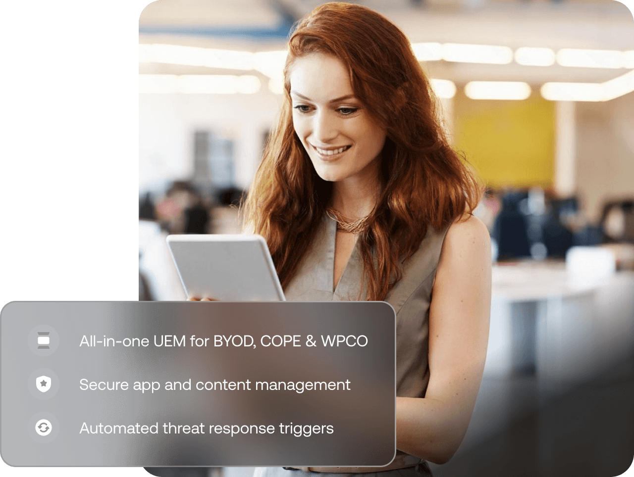 Professional woman smiling while using a tablet, overlaid with a list of features including BYOD, COPE, and WPCO of the Android device management solution by Hexnode.