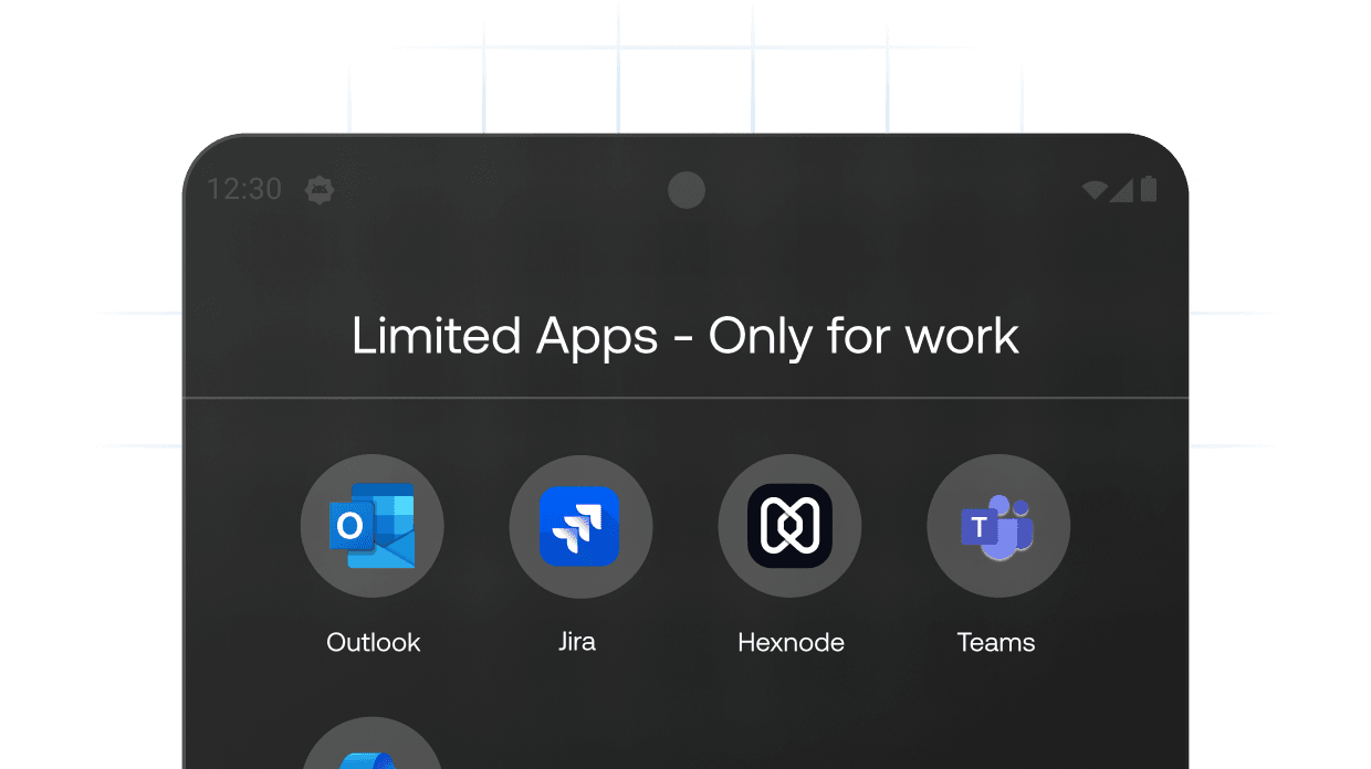 Screenshot of an Android device locked down to only show corporate apps (like Outlook, Teams) in Device Owner mode, ensuring corporate data security on company-owned devices.