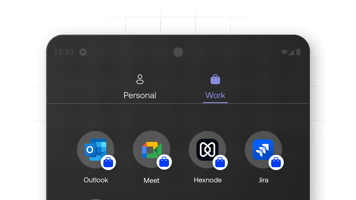Screenshot of an Android device screen highlighting the Work Profile (Profile Owner mode) tab with corporate apps, demonstrating BYOD data separation and containerization.