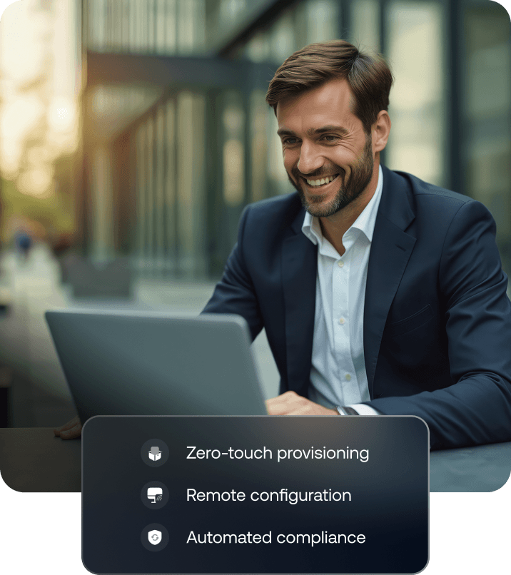 A business professional managing Apple devices efficiently through Hexnode UEM platform, highlighting simplified device control and productivity.