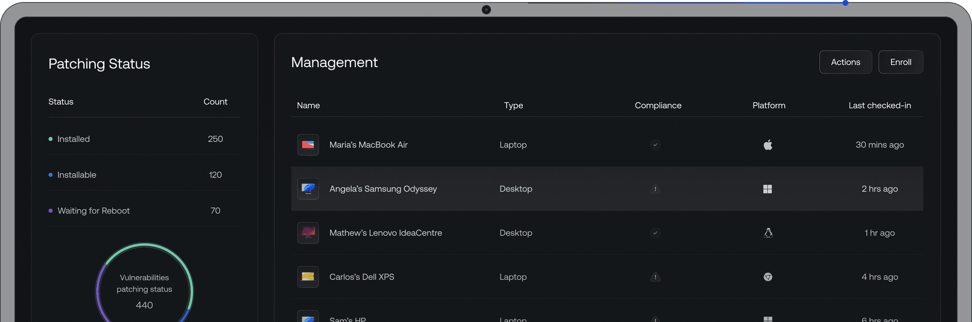 Patch Management dashboard showing device details, compliance, installed/installable patches, and vulnerabilities while an update is being installed