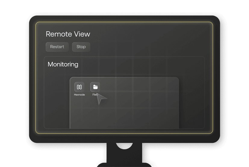 'Remote View' interface showing monitoring controls and a live desktop with Hexnode and File folder icons.
