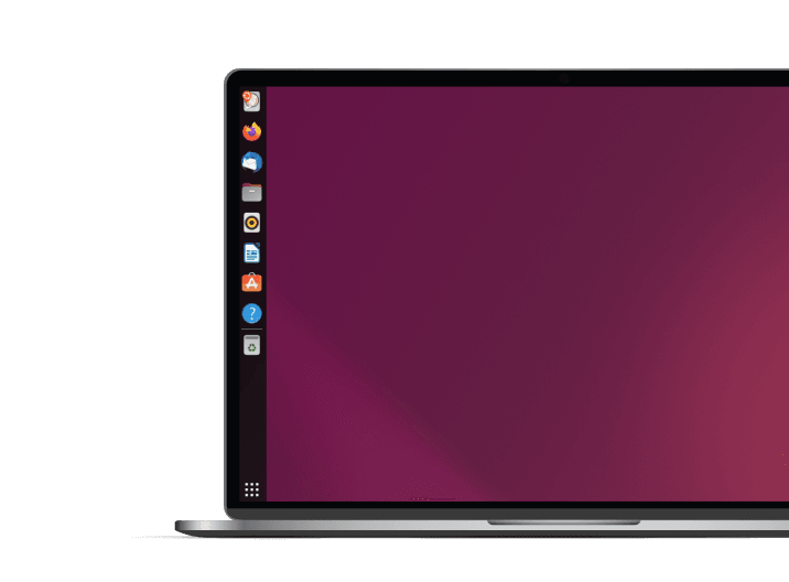 Close-up of a laptop displaying a Linux desktop with app icons on the left dock.