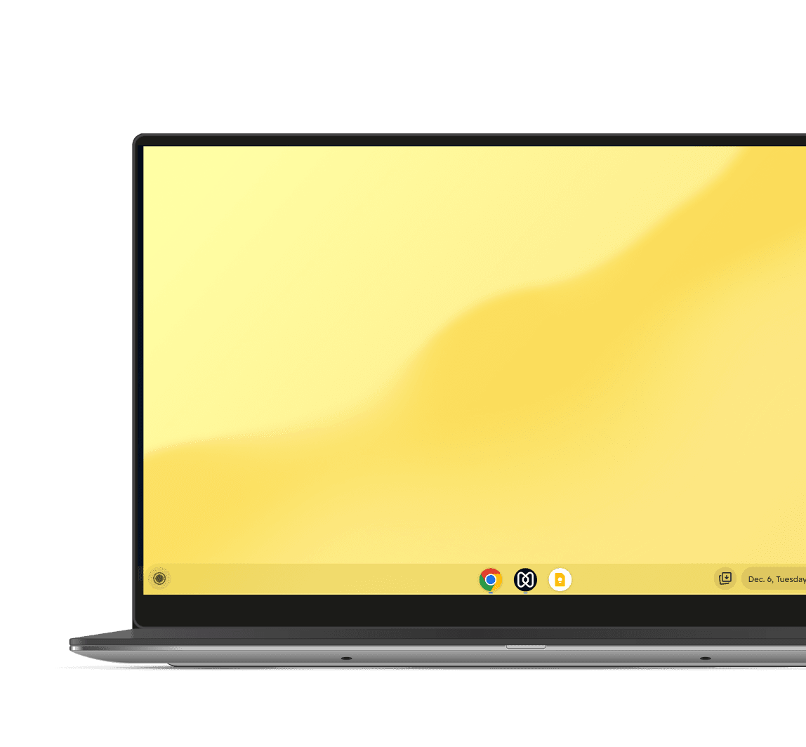 Close-up of a laptop displaying the ChromeOS desktop with a bright yellow background.