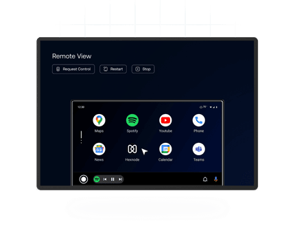A 'Remote View' interface showing controls and a live screen mirror of an Android device dashboard with Hexnode and other app icons