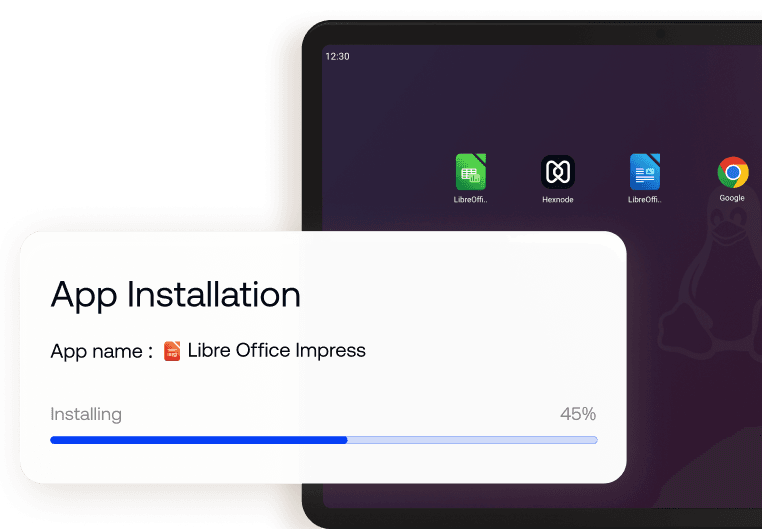 A window titled 'App Installation' overlays a tablet screen showing Linux desktop indicating an installation progress bar at 45%.