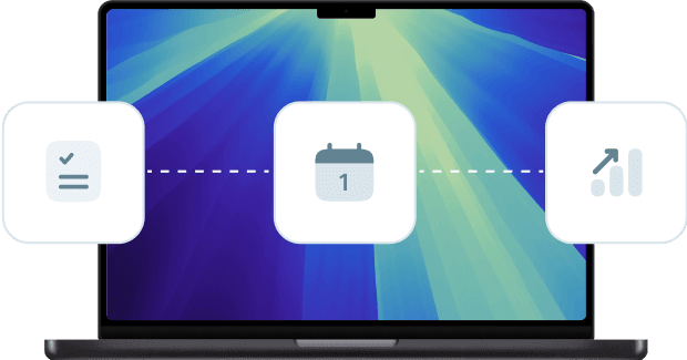 Mac laptop with three floating icons - task checklist, calendar, and analytics, representing growth and return on investment.