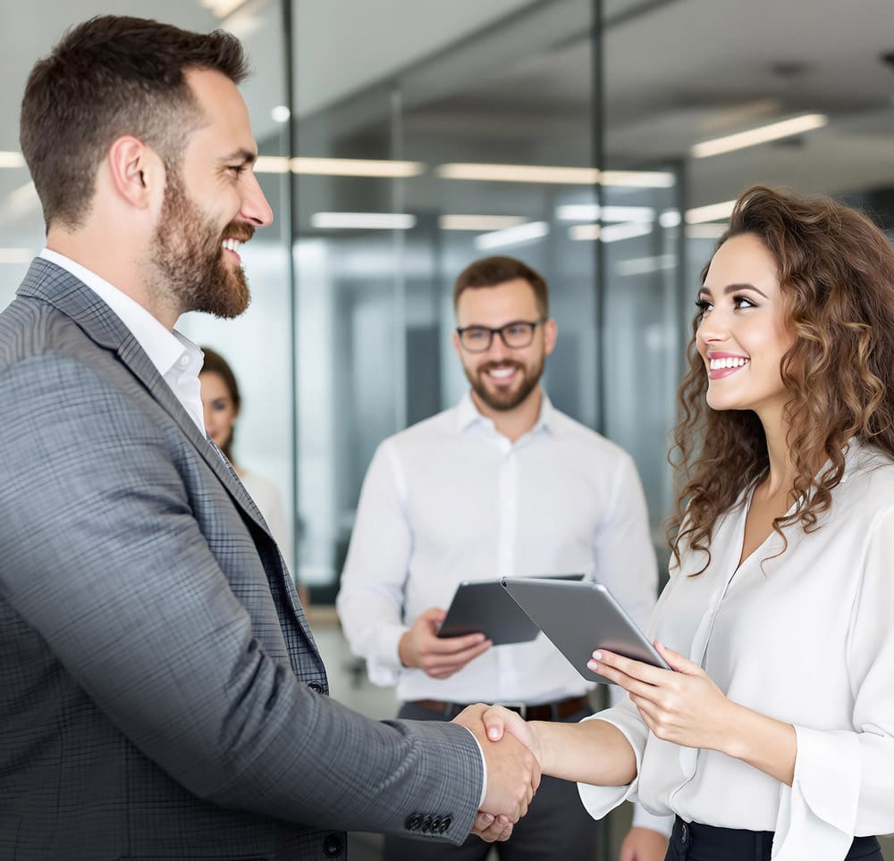 Partners finalize an agreement with a handshake, symbolizing a successful Hexnode technology
