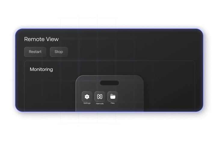 Image showing an interface with controls for Remote View, Restart and Stop Session on a managed device.