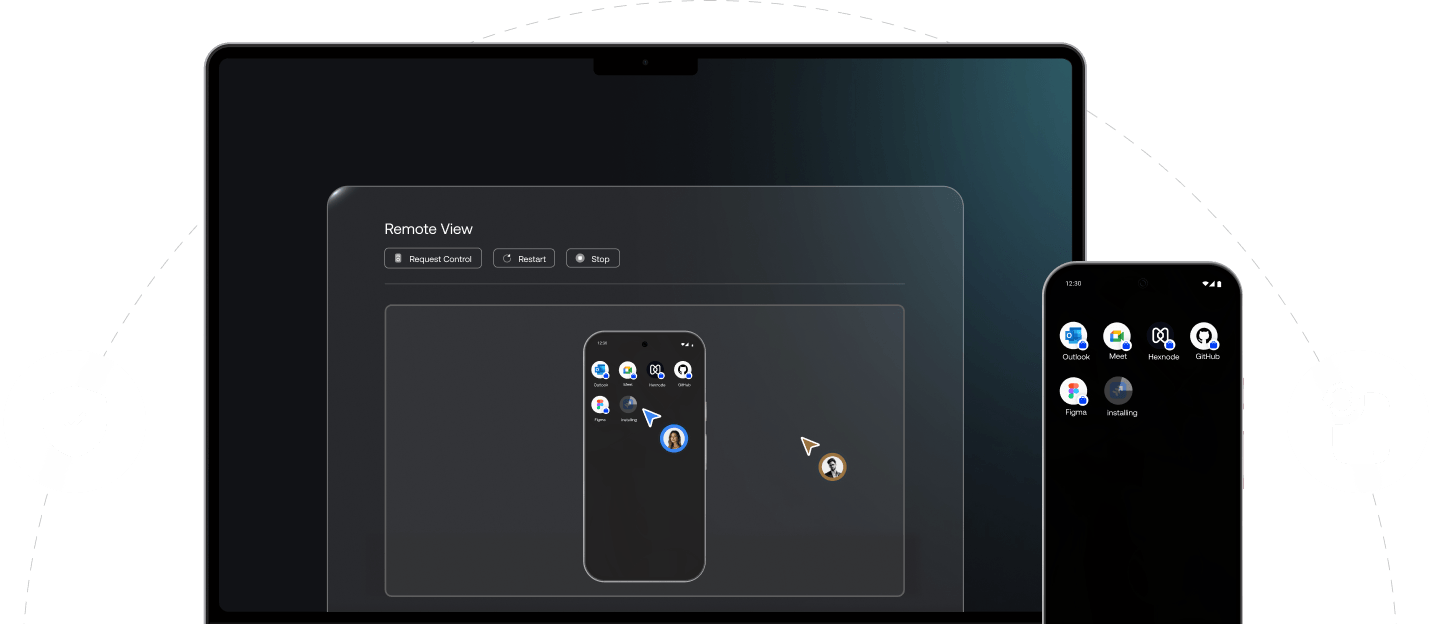 A desktop device remotely controlling a mobile device using Hexnode UEM.