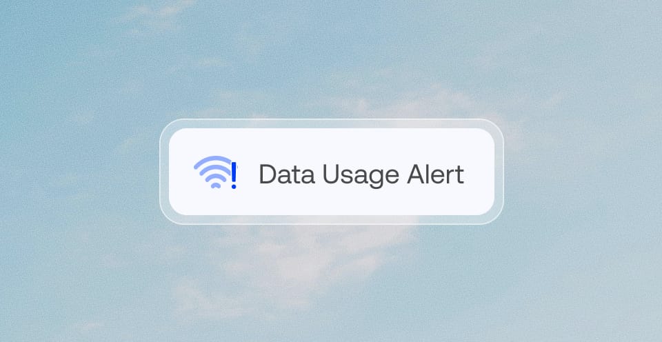 A horizontal notification card featuring a blue Wi-Fi symbol with an exclamation mark, showing Data Usage Alert.