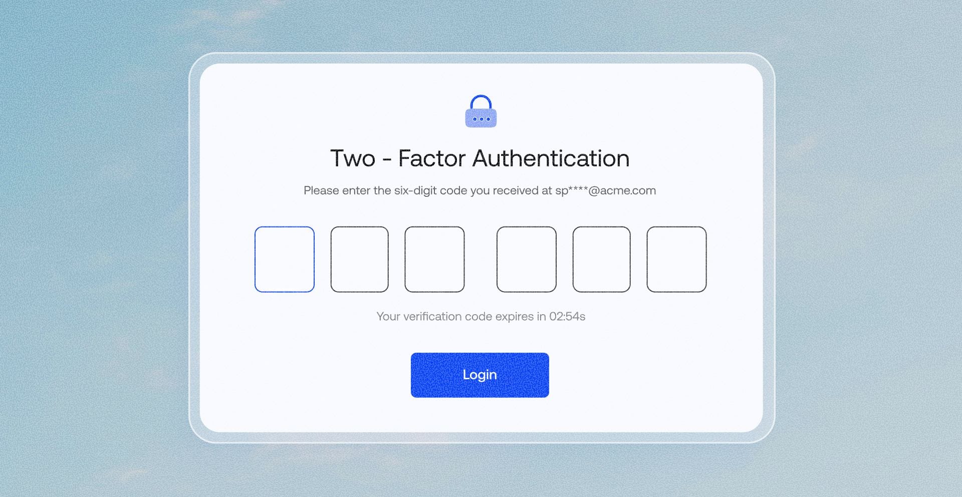 A digital login screen for two-factor authentication showing six code input boxes and a blue login button.