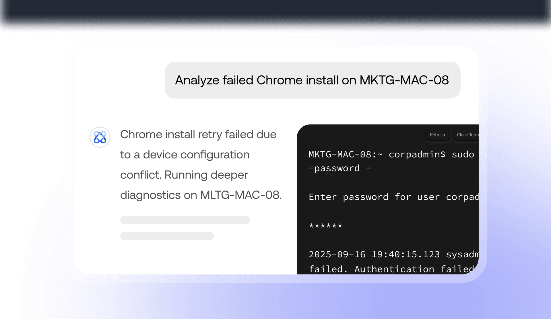 Hexnode Genie AI troubleshooting a failed Chrome installation on a Mac, demonstrating automated MDM diagnostics and 'fix it' capabilities.