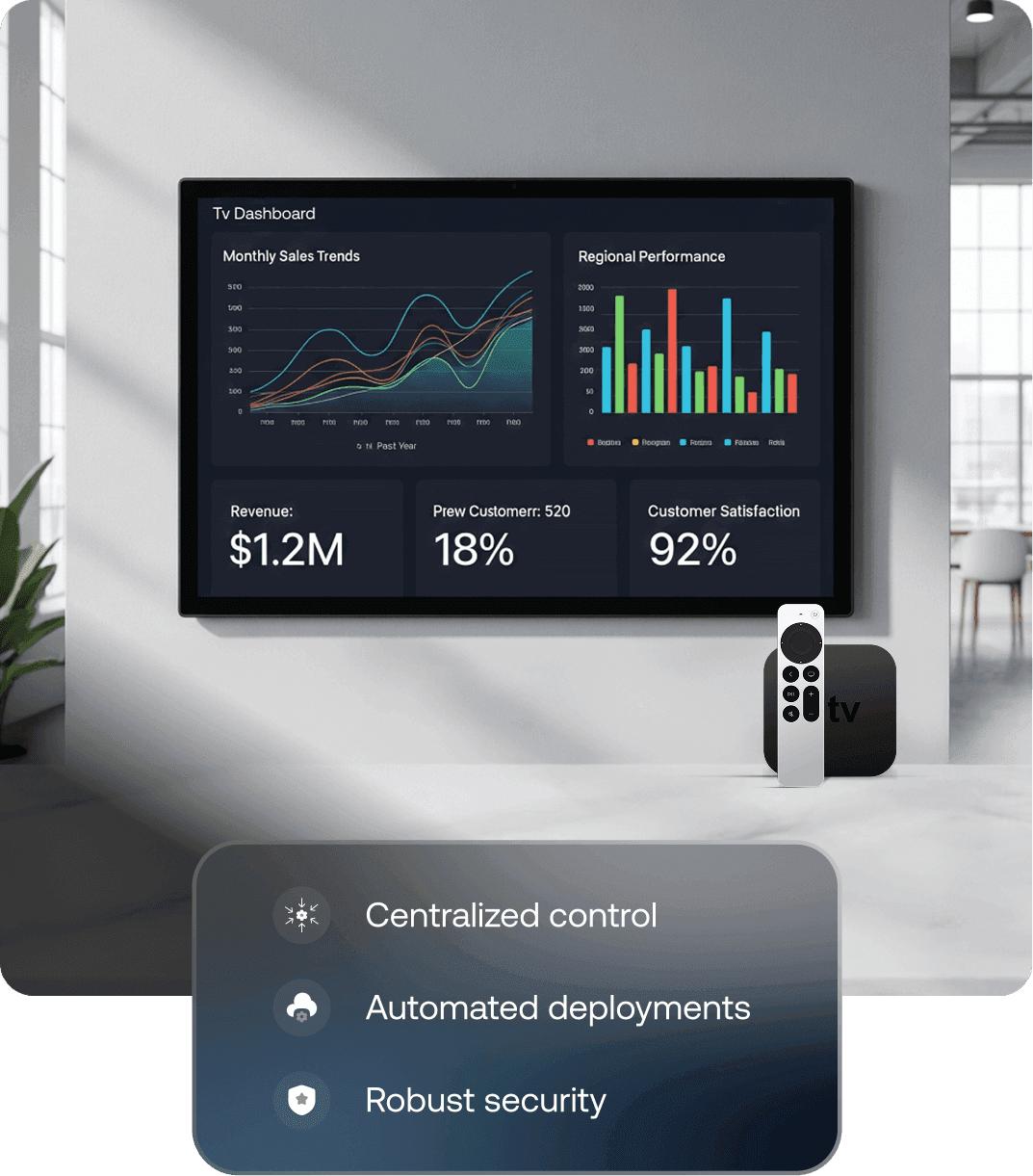 Apple TV displaying business dashboards managed through Hexnode, highlighting centralized control and consistent content across screens.