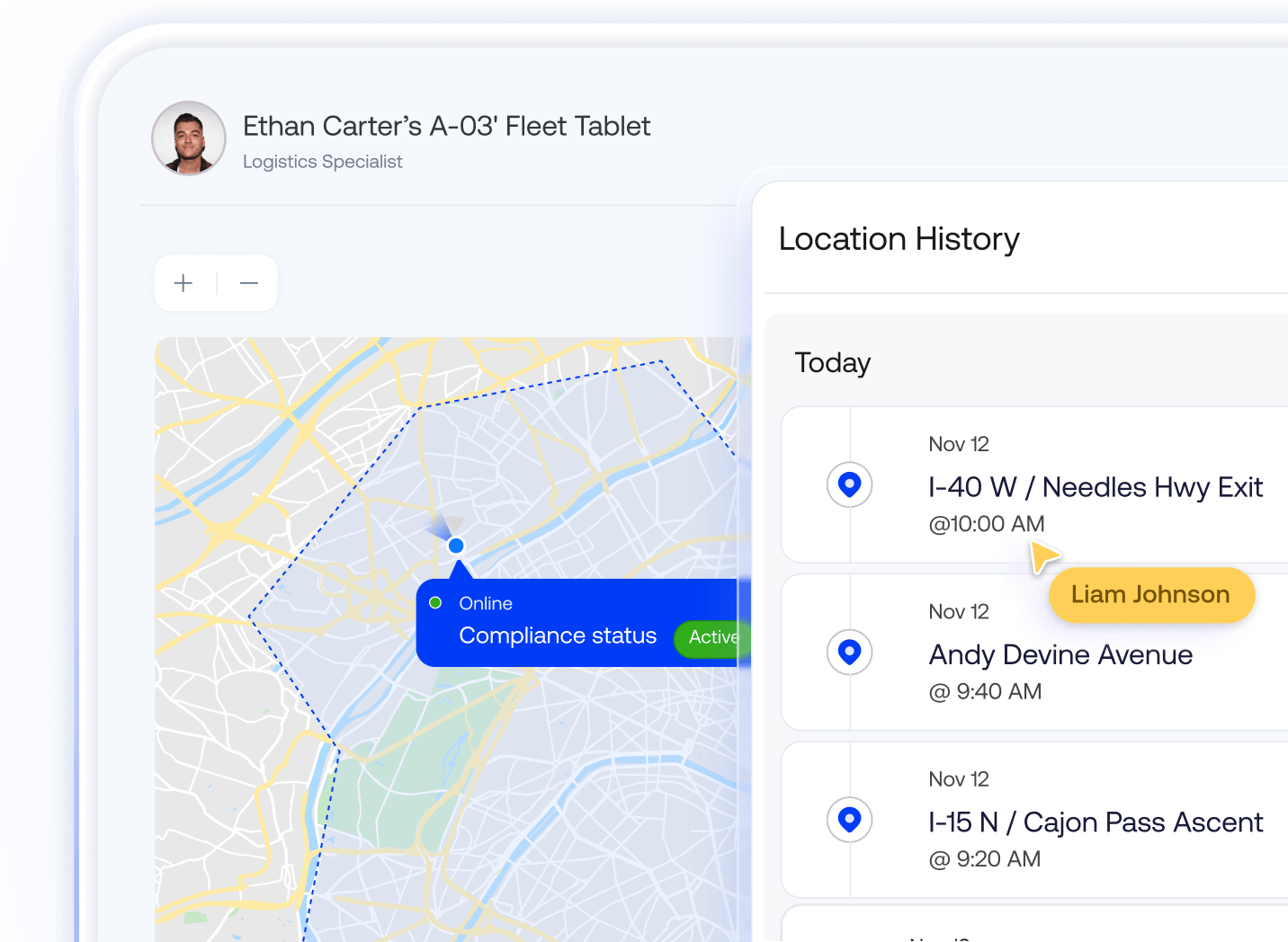 A detailed map view coupled with a chronological location history log, tracking a device's movements in real-time