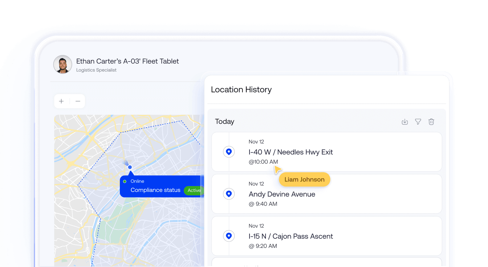 A detailed map view coupled with a chronological location history log, tracking a device's movements in real-time