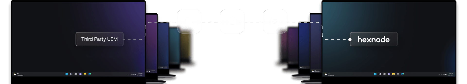 Hexnode UEM patch management dashboard showing missing critical patches, device execution status, and other indicators.