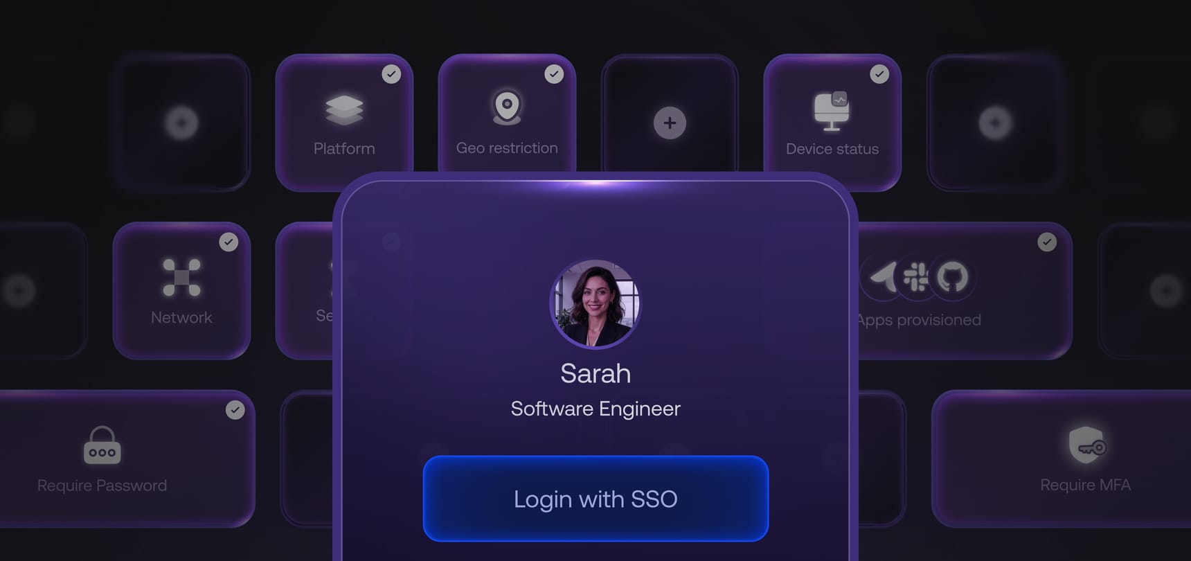 Hexnode IdP dashboard showing a user profile for "Sarah" with conditional access policies like geo-restriction, MFA, and SSO login options being set up.