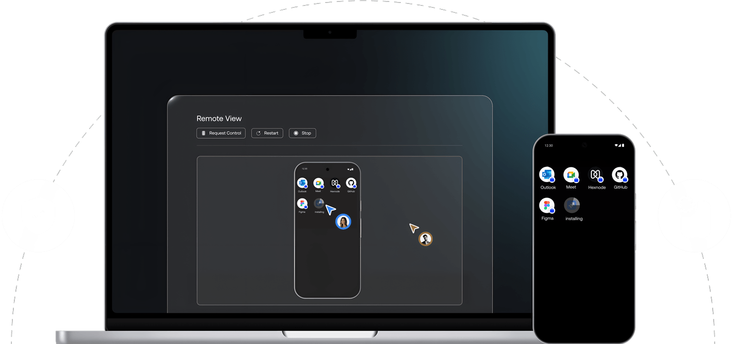 A desktop device remotely controlling a mobile device using Hexnode UEM.